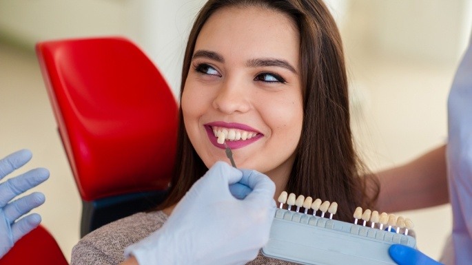 Woman's smile compared with veneers color options